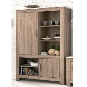 Pegane Buffet haut, meuble de rangement coloris Chene truffe, blanc vieilli - Longueur 112 x Profondeur 37 x Hauteur 158,6 cm -
