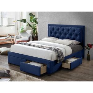 Lit avec tiroirs 180 x 200 cm - Tissu velours bleu - LEOPOLD