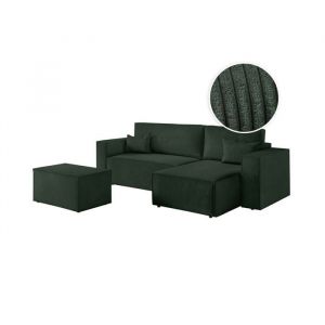 Loungitude PACK - CLARISSE - Canap&eacute; d'angle convertible r&eacute;versible avec pouf en velours c&ocirc;tel&eacute; - Vert fonc&eacute;