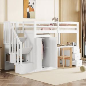 Lit mezzanine avec bureau, lit mezzanine 90x200 cm avec tiroirs et penderie, blanc