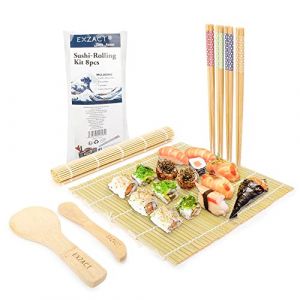 Exzact EX-SR08 ensemble de 8 roulettes pour Sushi en bambou - 2 x Tapis, 1 pagaie de riz, 1 x &eacute;pandeur de riz, 4 paires de baguettes - Tout naturel