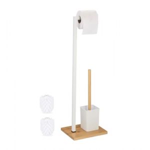 Relaxdays Serviteur WC, Support Non Fixe, Brosse avec Porte-Brosse, Acier Inoxydable & Bambou, Blanc - Nature