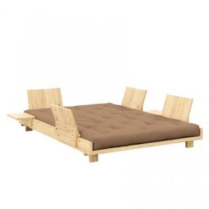 Lit futon SOCIAL SOFA pin laqué naturel couchage 140x200 cm avec 4 dossiers et 2 tables d'appoint matelas moka