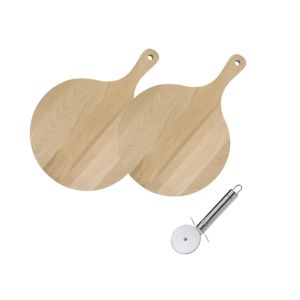 Fackelmann 2 Planches à pizza et tarte flambée en bois 30 cm et Roulette à pizza en inox