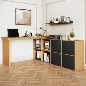 Bureau pivotant à 360° 260x48x78cm - design en L - avec 4 compartiments - 4 tiroirs - MDF - naturel + noir