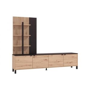 Vente-unique - Mur tv avec 4 portes et 3 &eacute;tag&egrave;res - Naturel et Noir - nuja