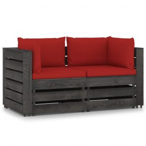 VidaXL Canapé de jardin 2 places avec coussins Bois imprégné de gris - Rouge