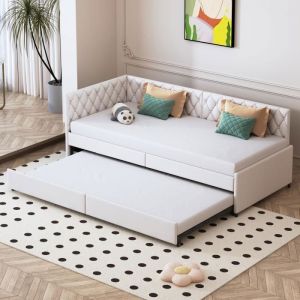 Lit gigogne 90x200cm - canapé lit avec sommier à lattes, sans matelas - motif diamant avec motif boutons - en velours beige