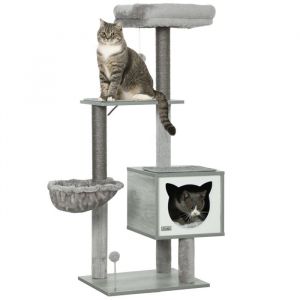 Pawhut Arbre à chat - multi-équipements niche hamac panier coussins amovibles - 126Hcm - peluche courte sisal naturel - gris