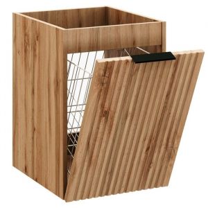 Furnidea - Meuble bas de salle de bain avec panier &agrave; linge ADEL CH&Ecirc;NE 40 cm - fa&ccedil;ades rainur&eacute;es