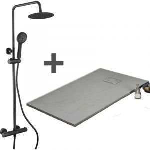 Image de Stano Pack Receveur de douche 80 x 140 cm extra plat Gris + Colonne de douche thermostatique Finition noir mat - Finition noir mat