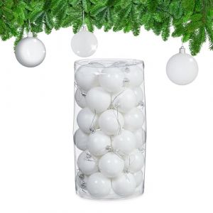 Relaxdays Boules de Noël, Lot de 30, en Plastique, D : 6 cm, Paillettes, Mates, Brillantes, déco Sapin, Blanches
