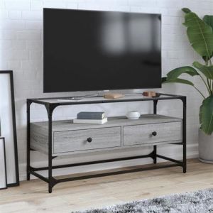 VidaXL Meuble TV avec dessus en verre sonoma gris bois d'ing&eacute;nierie, support TV, armoire m&eacute;dia, armoire hifi, unit&eacute; TV, meuble multim&eacute;dia