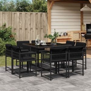 VidaXL Ensemble à Manger de Jardin avec Coussins 9 pcs, Table et Chaises à Dossier Rabattable, Meubles d'Extérieur Patio Terrasse, Moderne, Noir Résine Tressée