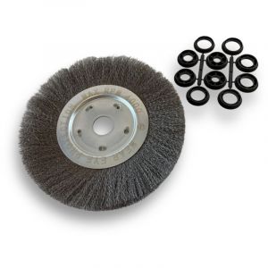 Kibros Brosse circulaire acier &oslash; 250 mm Epaisseur 1 rang Fil souple 0.20 mm ondul&eacute; Al&eacute;sage 32 mm + r&eacute;ducteur bague 25/22/20/16/12 mm Touret meuleuse