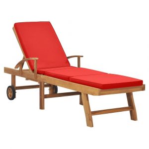 Transat chaise longue bain de soleil lit de jardin terrasse meuble d'extérieur avec coussin bois de teck solide rouge 02_0012431