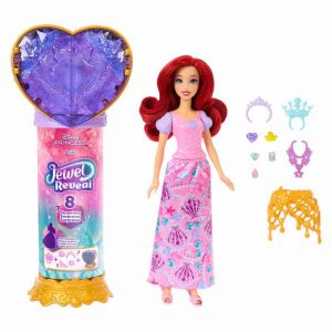 Mattel Disney Poup&eacute;e Princesses Jewel Reveal Ariel et Accessoires avec 8 Surprises, Dont Une bo&icirc;te &agrave; Bijoux en Forme de c&oelig;ur, Une Bague pour Enfant et 9 &eacute;l&eacute;ments de Jeu inspir&eacute;s du Film, JHL49