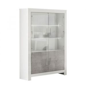 Vitrine 4 Portes Laqu&eacute;e Blanc Brillant et Gris Marbr&eacute; avec Leds - DENAE - ALTOBUY