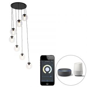 Qazqa Suspension intelligente noire 7 lumi&egrave;res avec Wifi ST64 - Pallon