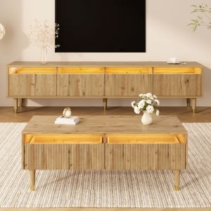 Ensemble de salon 2 pi&egrave;ces - MODERNLUXE - Meuble TV 4 portes - Table basse 2 tiroirs - &Eacute;clairage LED - Naturel