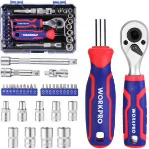 Coffret de Douilles et Embouts 34 Pi&egrave;ces, Mini Cl&eacute;s &agrave; Cliquet 1/4' Double T&ecirc;te 2-en-1, Tournevis &agrave; Embouts Magn&eacute;tique, 2 Rallonges et Joint