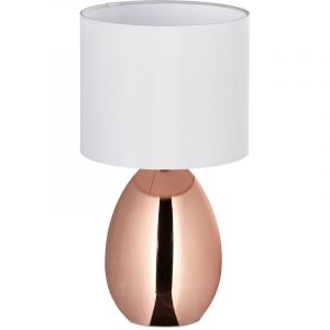 Relaxdays Lampe de chevet tactile, moderne, HxD 34 x 18 cm, E14, lumière de table avec abat-jour en tissu, cuivre/blanc