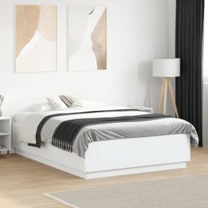 VidaXL Cadre de Lit avec Lumi&egrave;res LED, Lit Double avec Sommier &agrave; Lattes, Lit Adulte de Chambre, Moderne, Blanc 135x190 cm Bois Ing&eacute;nierie