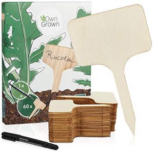 Image de Pancarte en bois pour l'étiquetage des plantes: box de 60 étiquettes en bois avec stylo - Ardoise en bois pour jardin, plante et potager - Résistant aux intempéries - Qualité supérieure OwnGrown