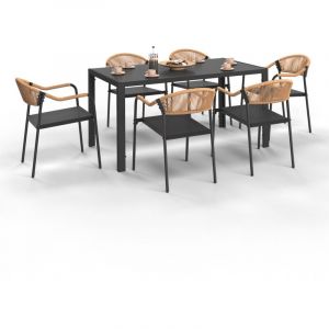 Idmarket Salon de jardin MADEIRA table 150 cm et 6 chaises cordage et textil&egrave;ne noir et rotin clair