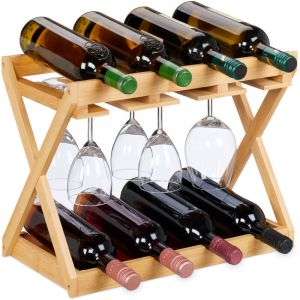 Relaxdays Casier à vin avec Porte-Verres, pour 8 Bouteilles & 6 Verres, Bambou, H x L x P: 35 x 45 x 23 cm, Naturel