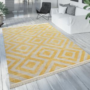 Paco Home Tapis Balcon Jaune Terrasse Extérieur Style Scandinave Design Losanges Résistant Aux Intempéries Doux 200 cm rond