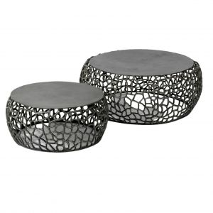 Table basse gigogne en métal gris motifs ajourés (2 pièces)