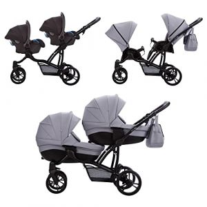 Image de Bebetto Poussette combin&eacute;e 3 en 1 pour jumeaux 42 PRO - Gris - 2 nacelles, 2 hamacs, 2 si&egrave;ges-auto Groupe 0+. Avec ses accessoires.