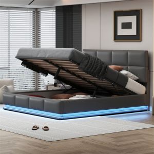 Image de Lit coffre 180x200 cm - Lit doub LED capitonn&eacute; relevable hydraulique avec sommier &agrave; lattes, t&ecirc;te de lit, simili cuir PU - Gris