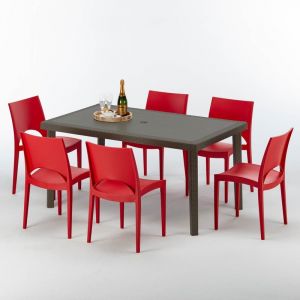 Image de Grand Soleil Table rectangulaire 6 chaises Poly rotin resine 150x90 marron | Paris rouge