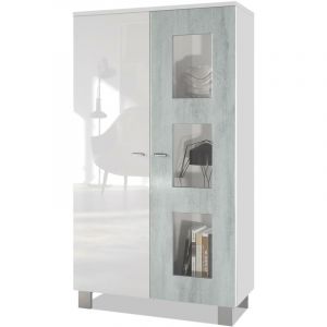 Vitrine Armoire haute Commode Denjo en Blanc mat - haute brillance - Porte en Aspect Béton Oxyde sans éclairage led - Porte en Aspect Béton Oxyde