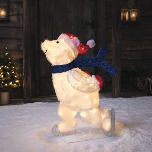 Lights4Fun Ours Polaire Lumineux sur Patins à Glace, Figurine de Noël à Piles