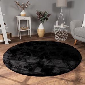 Paco Home Tapis De Salon Fausse Fourrure Peluche Tapis Shaggy Long Lavable, Dimension:100 cm Rond, Couleur:Noir