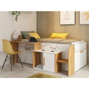 Lit combiné 90 x 200 cm avec bureau et rangements - Coloris : Blanc et naturel + Sommier + Matelas - PEDRO