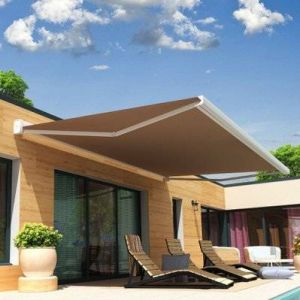 Intersun Store banne coffre CELESTE 5,00x3,00 M (Motorisé Secours à Télécommande - Blanc - Taupe)