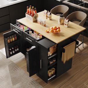 Desserte sur roulettes Meuble de cuisine 134,5 x 74 x 78,5 cm avec 2 tiroirs et 2 portes, desserte, buffet, avec plateau rabattable, mdf + métal, noir