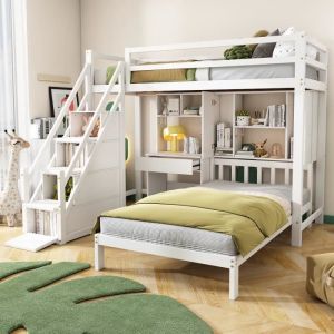 Image de Lit mezzanine 2x90x200cm, avec bureau et étagères, échelle avec fonction de rangement, lit enfant 2 places, bois massif de din blanc