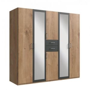 Wimex Armoire 4 portes chênes poutres 2 portes miroirs DIVER 225 cm 2 tiroirs graphites