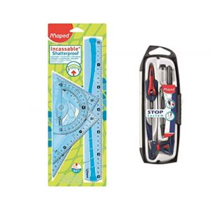 Maped Kit de Traçage 4 Pièces avec Règle 30cm, Rapporteur 180°/12cm, Equerre 60°/21cm, Equerre 45°/21cm + Compas 5 Pièces Stop System - Coloris Bleu ou Vert