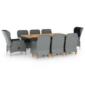 VidaXL Mobilier &agrave; d&icirc;ner 9 pcs avec coussins R&eacute;sine tress&eacute;e Gris clair Gris clair et marron