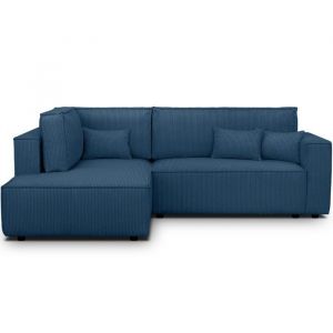 Canapé d'angle gauche ouvert convertible 3 pl., velours côtelé bleu