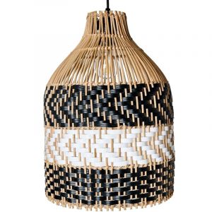 Beliani Lampe Suspendue Boho Cadre en Fer Abat-jour en Rotin Tress&eacute; Noir et Blanc Turabo