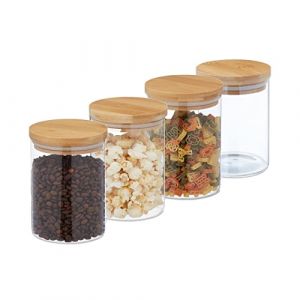 Image de Relaxdays Lot de 4 bocaux en verre, petits, avec couvercle bambou, 750 ml, hermétique, transparent/naturel