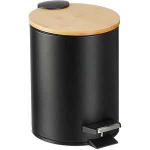 Relaxdays Poubelle de Salle de Bain, 3 l, Couvercle en Bambou, Seau intérieur Amovible, mécanisme de Fermeture, Noire