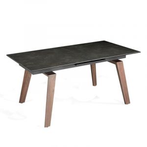 Table extensible L180/230 en porcelaine noire et pieds placage noyer